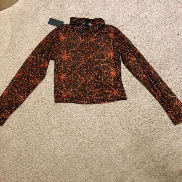 Foxblood Cobweb Mesh Button Up Top black orange - Picture 5 of 9
